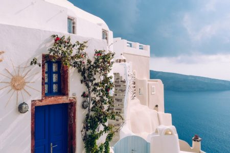 Building with blue door, Santorini Greece